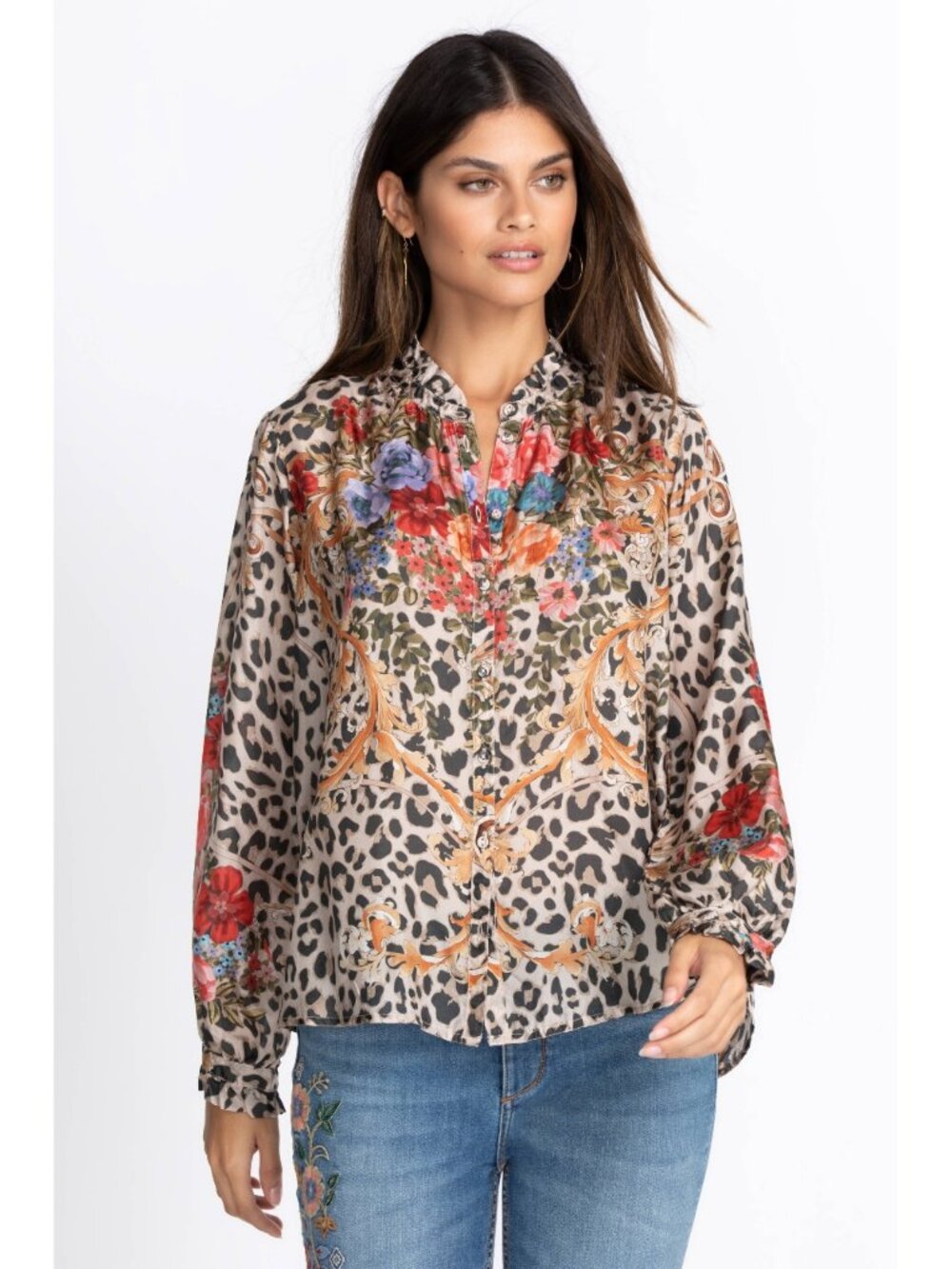 Johnny Was Cheetah Amabel Silk Blouse Floral Animal Print Size Small